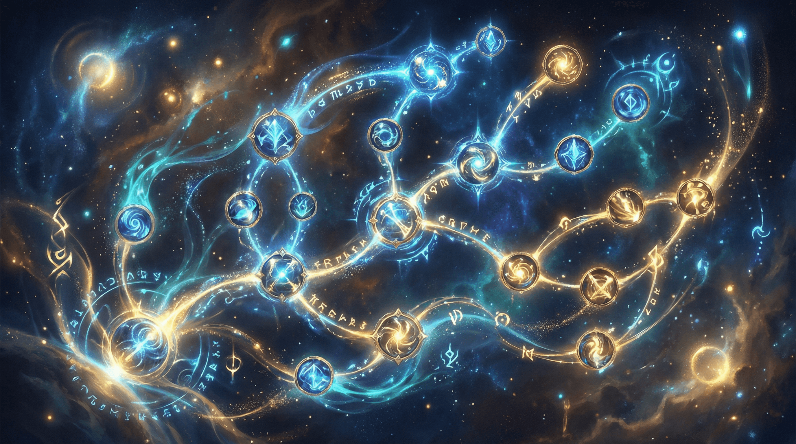 RPGのステータス画面やスキルツリーのようなデザインのイラスト