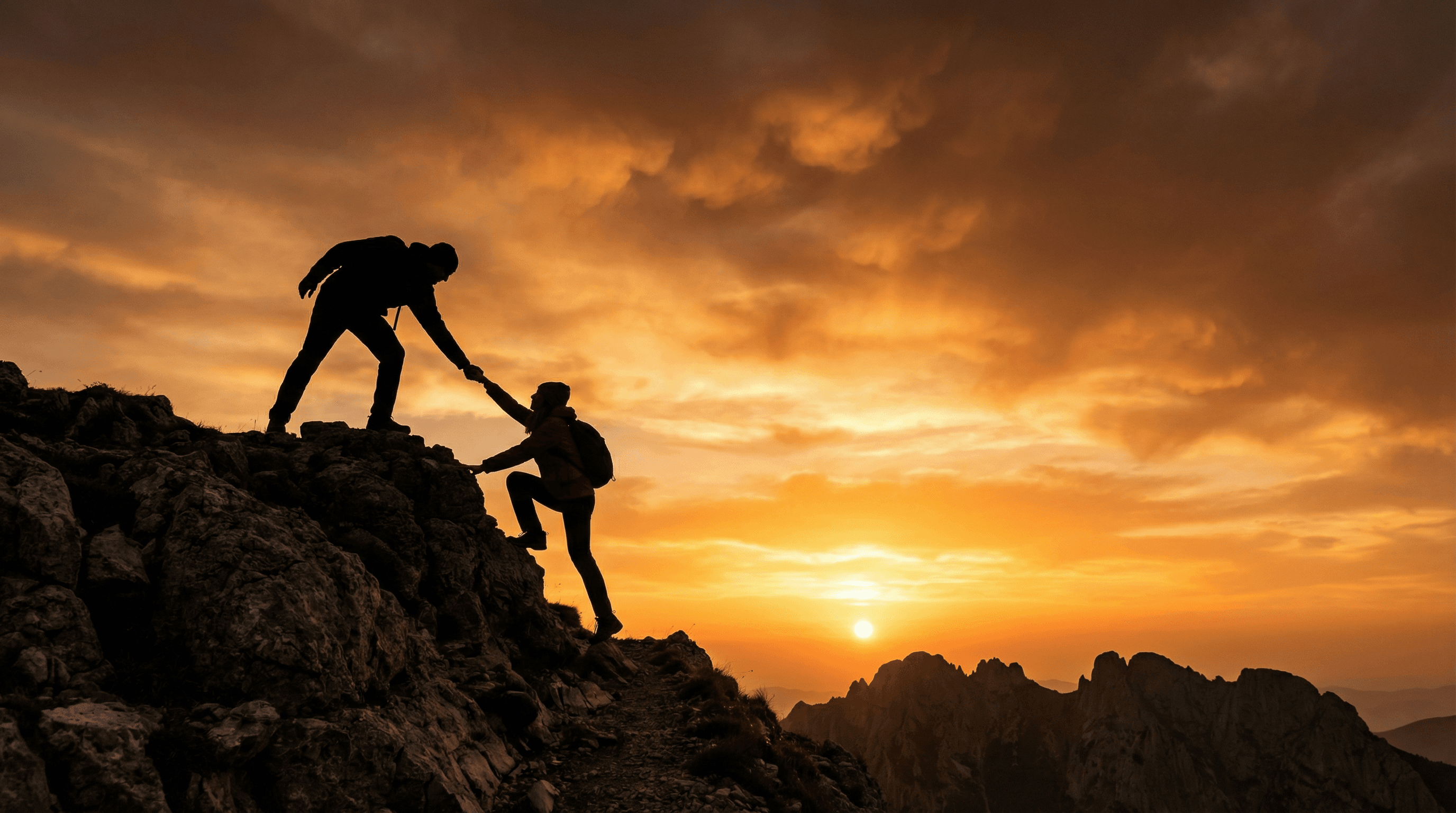 険しい山道を二人で励まし合いながら登っている様子のイラスト