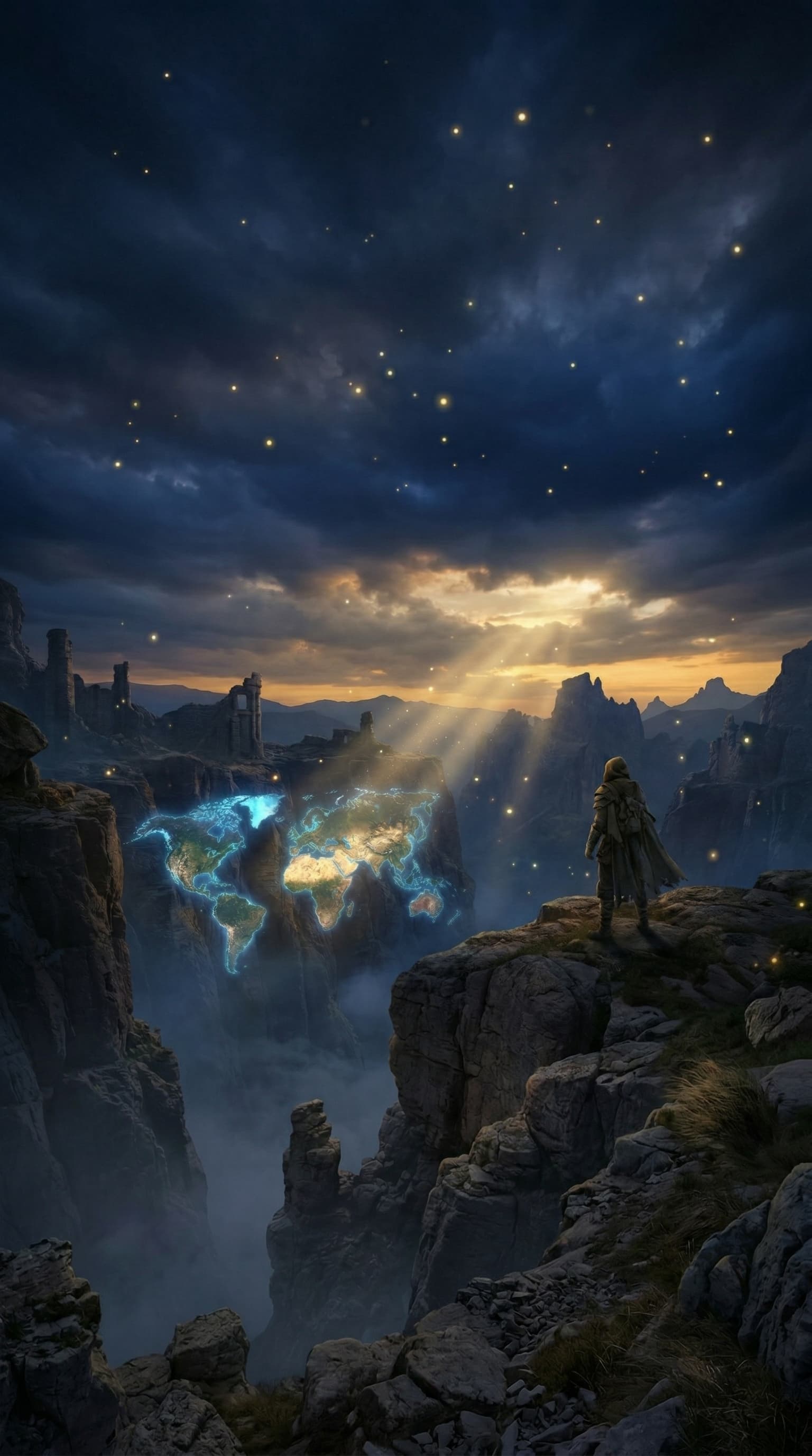 背景: 朝焼けの空の下、少し高い丘の上から広大な世界を見渡している一人の男性の後ろ姿のイラスト